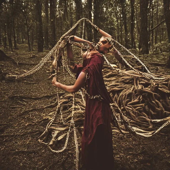 Image similar to a closeup of a woman wearing a cloak of chains, dragging a pile of chains, in a forest, by Erik Almas, CANON Eos C300, ƒ1.8, 35mm, 8K, medium-format print