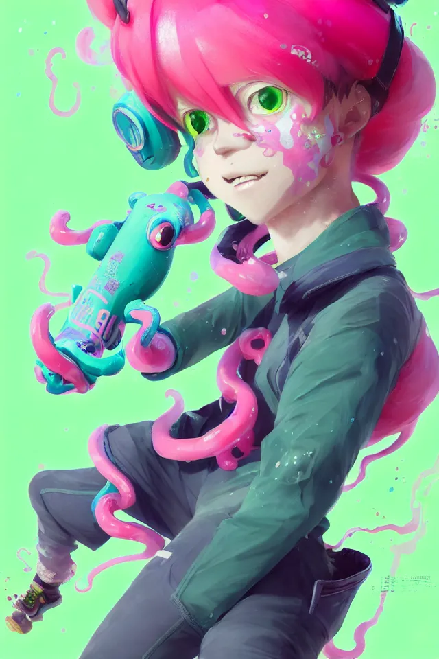 Image similar to a beautiful fullbody portrait of a cute splatoon anime boy with pink hair and green eyes wearing sports clothing tight leggings. character design by cory loftis, fenghua zhong, ryohei hase, ismail inceoglu and ruan jia. artstation, volumetric light, detailed, photorealistic, fantasy, rendered in octane