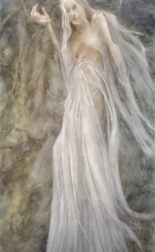 Prompt: single thin angel with silver hair so pale and wan!, thin!, flowing robes, covered in robes, lone pale wan feminine goddess, wearing silver robes, flowing hair, pale skin, young cute face, covered!!, clothed!! oil on canvas, style of lucien levy - dhurmer and jean deville, 4 k resolution, aesthetic!, mystery