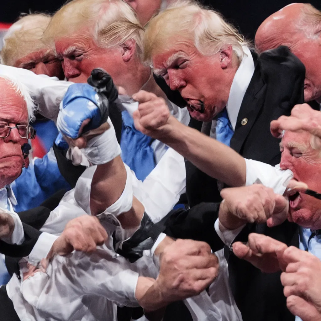 Image similar to Angry Bernie Sanders punching Donald Trump in the face, HD 4K photorealistic