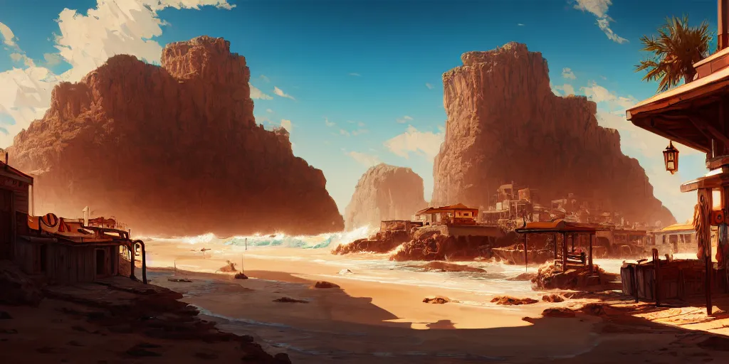 Image similar to an arid mediteranean wild west port town, bright sun and crashing waves; detailed, best on artstation, cgsociety, wlop, cosmic, epic, stunning, gorgeous, masterpiece