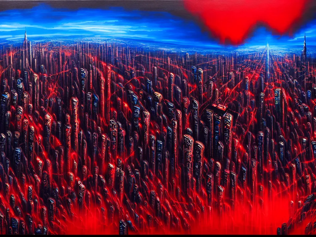 Image similar to an epic cityscape painting of a nightmarish hellscape full of cosmic horrors, wall street, horror, surreal, cyberpunk, dark, vivid, red, blue, oil on canvas, epic, dramatic, cinematic