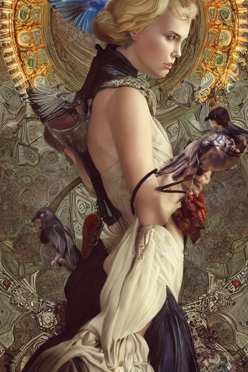 Image similar to charlize theron 3 d render of english princess holding birds, ornaments, mucha vibe, dieselpunk, solarpunk, artstation