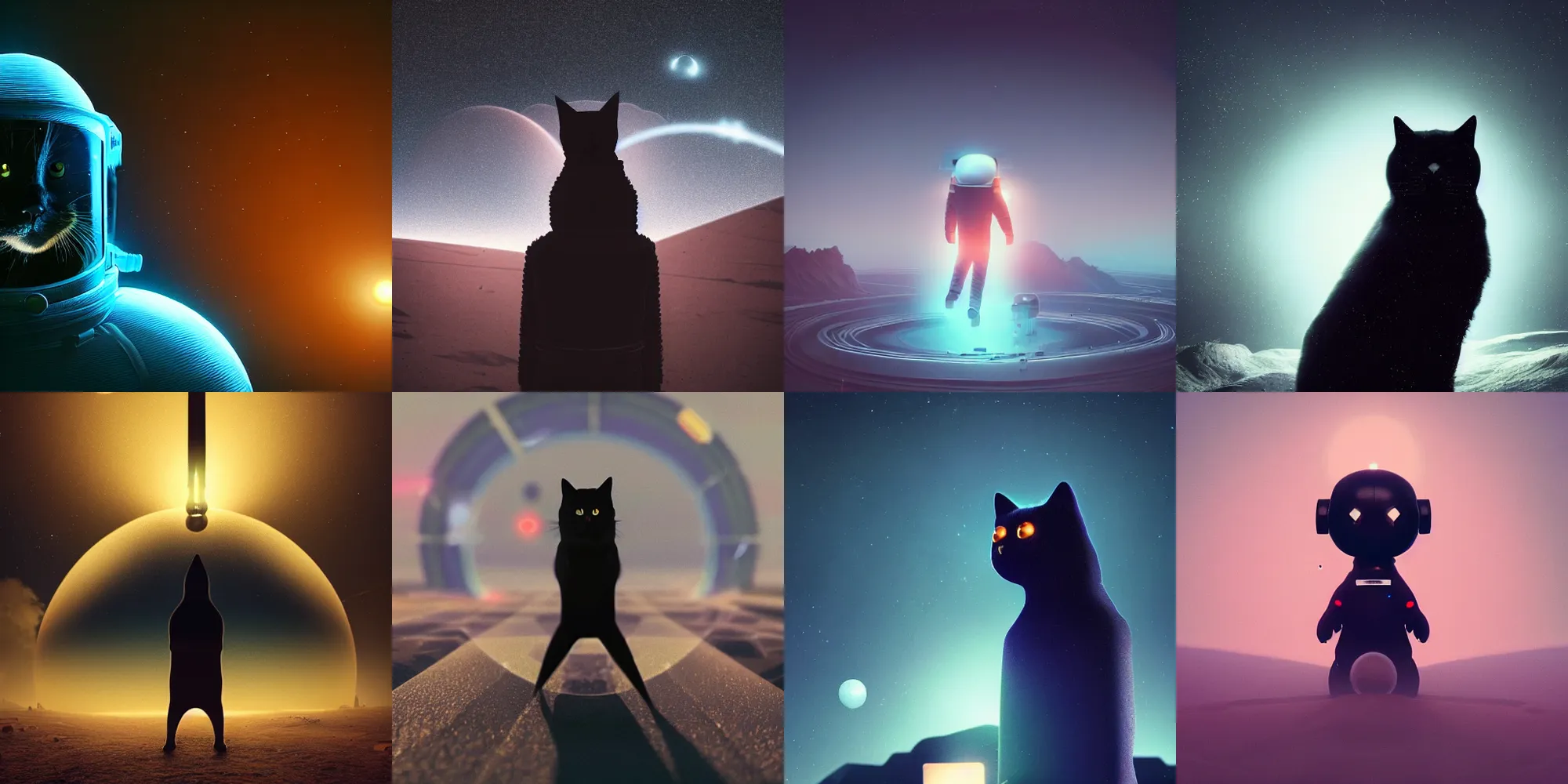 Image similar to beautiful dark landscape, a black cat dressed as an astronaut, in the style of beeple and Mike Winkelmann, intricate, epic lighting, cinematic composition, hyper realistic, 8k resolution,