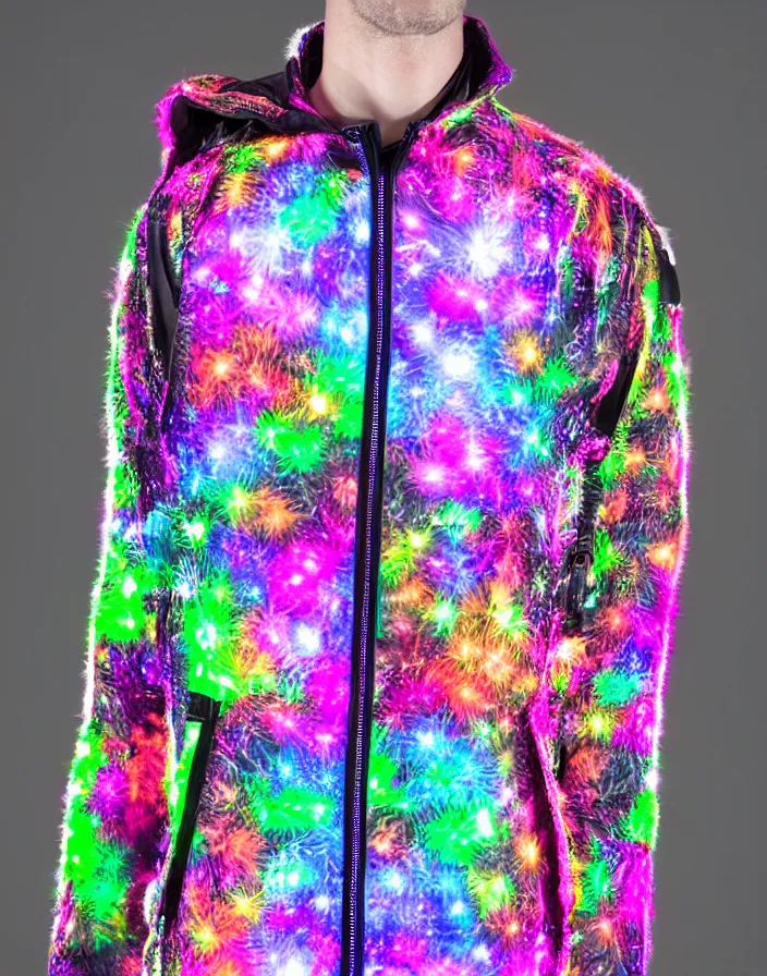 Image similar to generative design autumn season rave jacket with led screen skin and fluffy lining in the style of cyberdog, futuristic psychedelic hippy, product shot, dark background