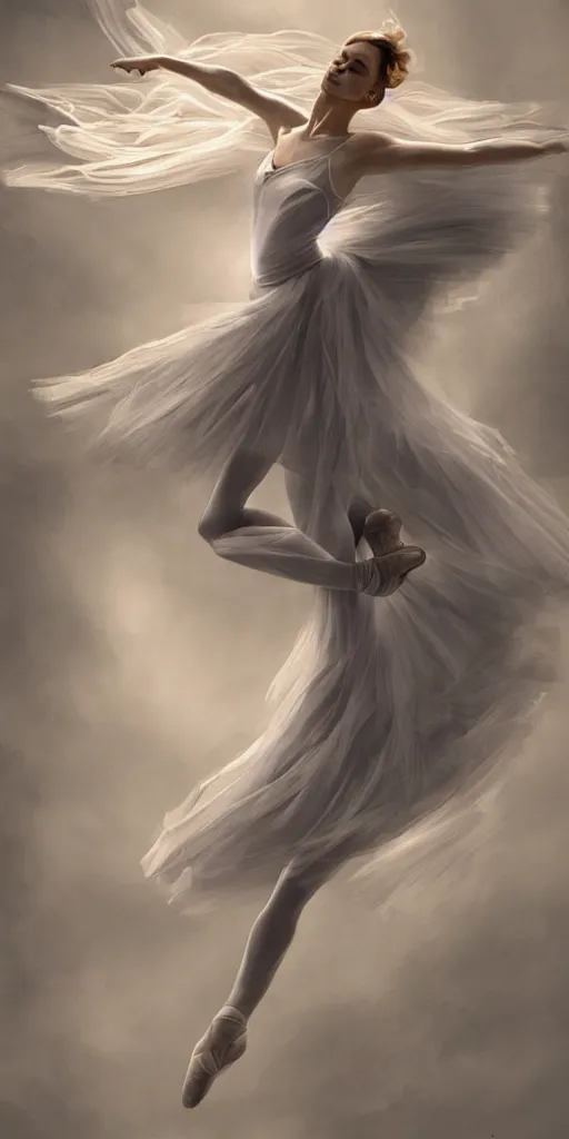 Image similar to prima ballerina dancing in the wind, beautiful, athena, ethereal, gorgeous, volumetric lighting, elegant, fluid, highly detailed, digital painting, concept art, highly detailed, smooth, illustration, limited color palette, atmosphere and tension, trending on artstation