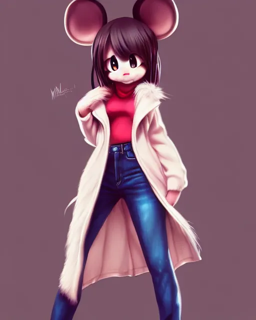 Image similar to fullbody portrait of anthropomorphic half - mouse fluffy cute anime woman in jeans coat, concept art, anime art, by a - 1 picture, trending on artstation artgerm, furaffinity, ross tran, marc davis