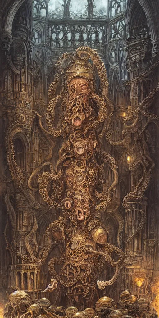 Prompt: mages with human bodies and magical armour with octopus heads sitting near the table in an ancient mage castle with enormous scale, gothic and baroque, brutalist architecture, ultradetailed, Intricate by John Howe and Josan Gonzalez and Giuseppe Arcimboldo