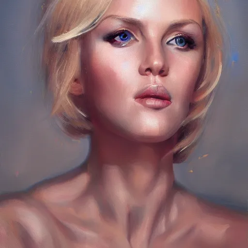 Image similar to a portrait of a blonde woman with strong features, dramatic lighting, oil painting, pale colors, high detail, 8 k, wide angle, trending on artstation,