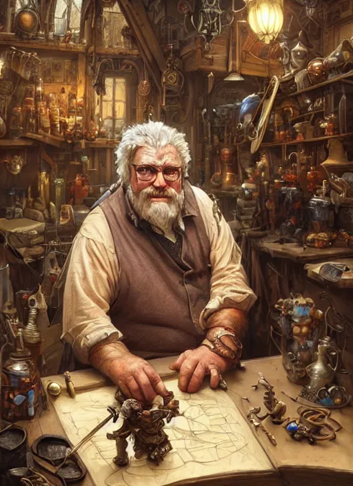 Prompt: an epic fantasy comic book style portrait painting of a an old tinker fat man working on a device in her workshop, d & d, fantasy, intricate, elegant, highly detailed, digital painting, artstation, concept art, matte, sharp focus, illustration, art by artgerm and greg rutkowski and alphonse mucha