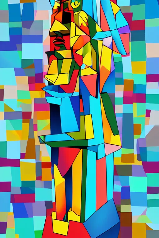 Image similar to abstract cubist moai statue geometric cutout digital illustration cartoon colorful beeple