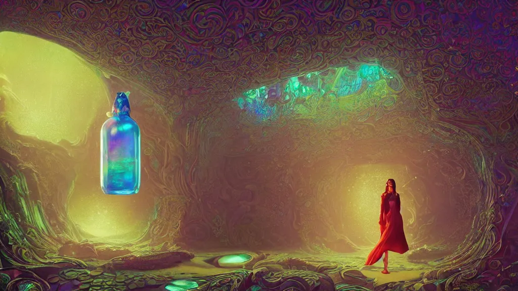Prompt: a beautiful woman inside of an ornate bottle of iridescent liquid, alchemy, intricate, bloom, detailed, volumetric lighting, sharp focus, photorealism, digital painting, highly detailed, concept art, by roger dean and simon stalenhag and mark brooks