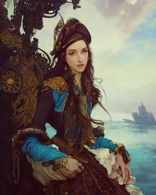 Prompt: a beautiful close up portrait of a pirate sitting with elegant looks, leather clothing, ornate costume and flowing magic all around, intricate and soft by ruan jia, tom bagshaw, alphonse mucha, krenz cushart, beautiful pirate ruins in the background, epic sky, vray render, artstation, deviantart, pinterest, 5 0 0 px models