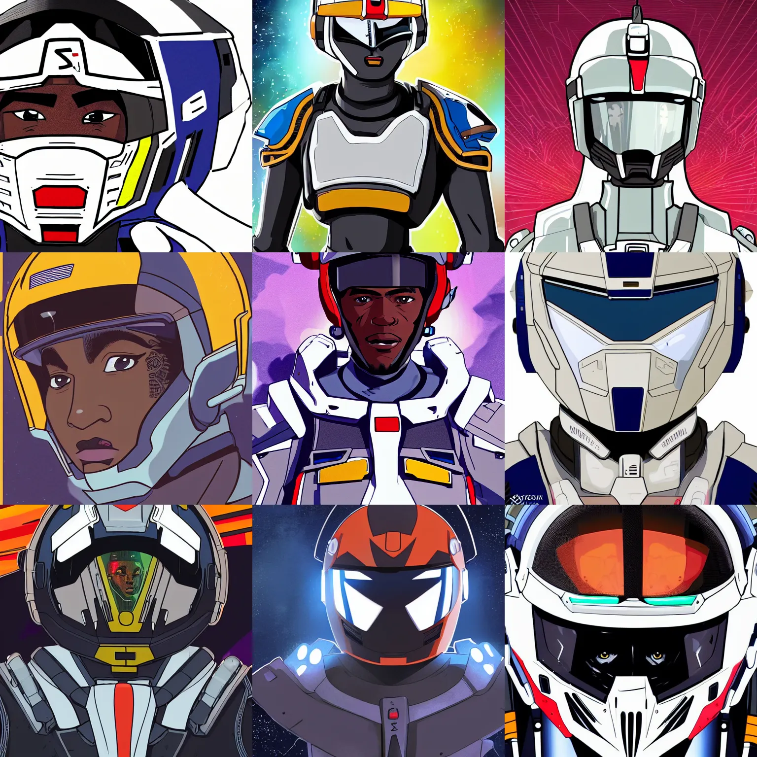 Prompt: a cartoon illustration of one young handsome Senegalese 👨🏾‍🦲 gundam pilot with intricate helmet on, portrait photography by milestone media and denys cowan and jim lee, urbancore, gadgetpunk, hiphop, high tech hud, hud screen visor, urban inspired, symmetrical facial features, symmetrical proportions, epic composition, high energy, proud, colorful, white background, in the style of Teen Titans and Disney's the Proud Family, beautiful portrait, photorealistic, 32k, hd, cinematic lighting, uplight, leftlight, studio lighting,