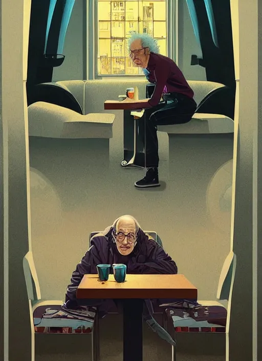 Prompt: poster artwork by Michael Whelan and Tomer Hanuka, Karol Bak of Larry David!!!!!! sitting alone in an empty diner at night, no one around, deserted, from scene from Twin Peaks, clean, simple illustration, nostalgic, domestic, full of details