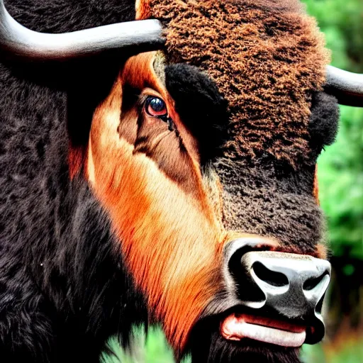 Prompt: A large black bison with fiery eyes, Bison God, Ancient