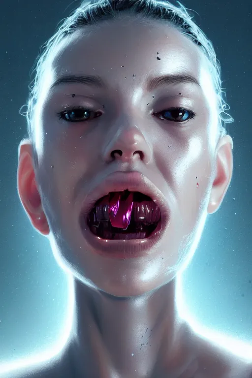 Image similar to attractive female i robot sticking the tongue out sensually, seven deadly sins theme, close - up portrait, intricate, elegant, volumetric lighting, scenery, digital painting, highly detailed, artstation, sharp focus, illustration, concept art, luis rollo, ruan jia, steve mccurry, john berkey