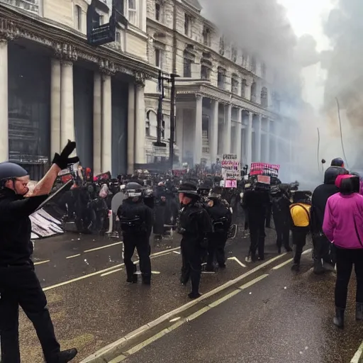 Image similar to a strong british protesters in london the weather is raining some of the protesters are burning down building