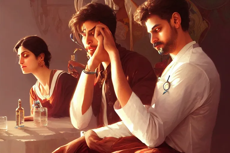 Image similar to Anxious good looking pale young Indian doctors drinking, portrait, elegant, intricate, digital painting, artstation, concept art, smooth, sharp focus, illustration, art by artgerm and greg rutkowski and alphonse mucha