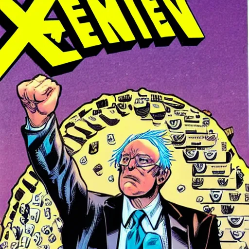 Image similar to Comic book cover from 1998 when Bernie Sanders joins the X-Men