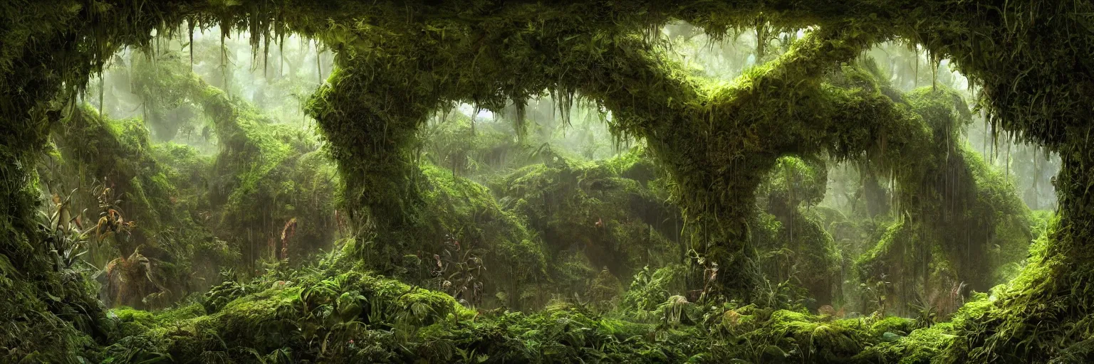 Prompt: overgrown deep underground cave on an exotic alien planet with a lush jungle archway of insectile trees, mossy overgrowth, crustacean - like weeds, by rodney matthews, al feldstein and ian miller, artstation, octane, ue 5, photorealistic rende