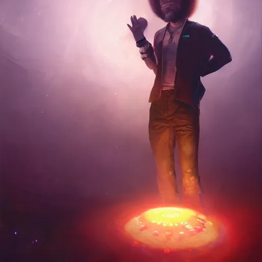 Image similar to dmt machine bob ross, hyperspace, huggy wuggy from poppy playtime video game, fullbody, ultra high detailed, oil painting, greg rutkowski, charlie bowater, yuumei, yanjun cheng, unreal 5, daz, hyperrealistic, octane render, rpg portrait, dynamic lighting, fantasy art, beautiful face