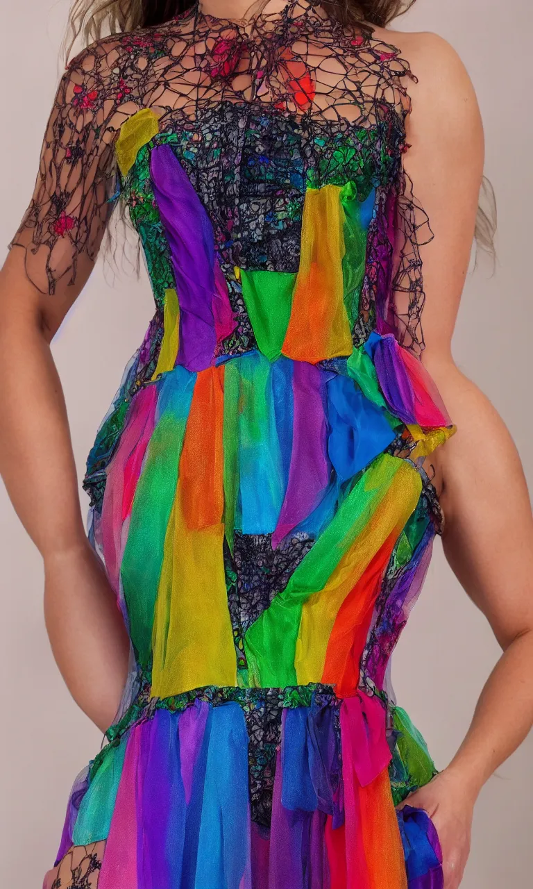 Prompt: rainbow themed sheer corset dress, fashion design, professional, high detail, 4k