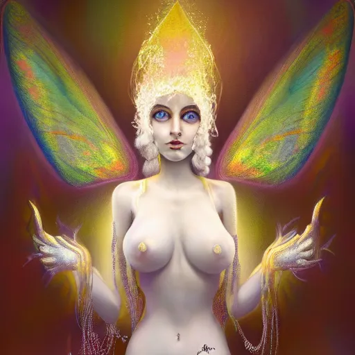 Prompt: beautiful painting of a white moth goddess in her palace in the style of Prateep Kochabua, Leonora Karrington, Welder Wings, Hervé Scott Flament, neosurreal digital art, detailed, trending on Artstation