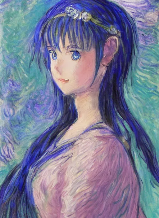 Prompt: a portrait of a moon princess, blue outfit, very anime in impressionist style, trending artwork, anime painter studio, by claude monet