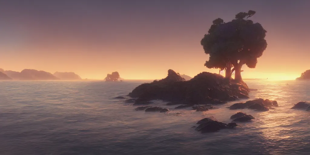 Image similar to illustration of the shore on a beautiful morning, Pixar and Disney animation, sharp, Rendered in Unreal Engine 5, art by Greg Rutkowski, Bloom, dramatic lighting, sunrise