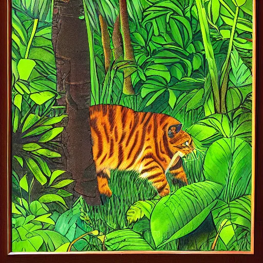 Image similar to a cat in a jungle landscape, by Jim Davis