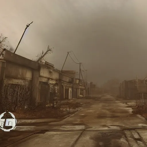 Image similar to wide angle shot of dilapidated fallout 5 in real life, desolate dilapidated town, empty streets, nightmarish, some rusted retro futuristic fallout 4 style parked cars, overcast, blankets of fog pockets, rain, volumetric lighting, beautiful, daytime, autumn, sharp focus, ultra detailed, cgsociety