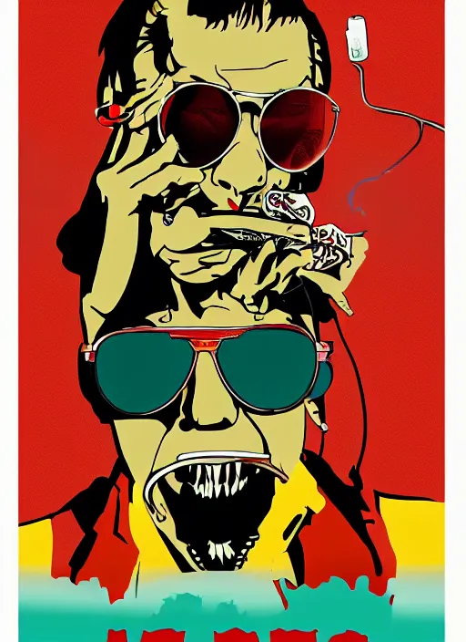 Image similar to Fear & Loathing in Las Vegas style movie poster artwork, Rendering of Hunter S Thompson talking on a rotary telephone at his desk late at night smoking a cigarette with a long filter and wearing a green accountants visor, clean, full of detail, Matte painting, trending on artstation and unreal engine