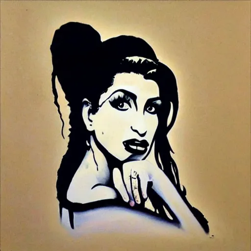 Image similar to Street-art portrait of amy winehouse in style of Banksy, photorealism