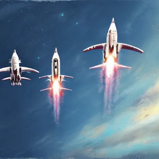 Image similar to a group of rockets taking off in the sky, realistic painting, high definition, digital art, matte painting, very detailed, realistic