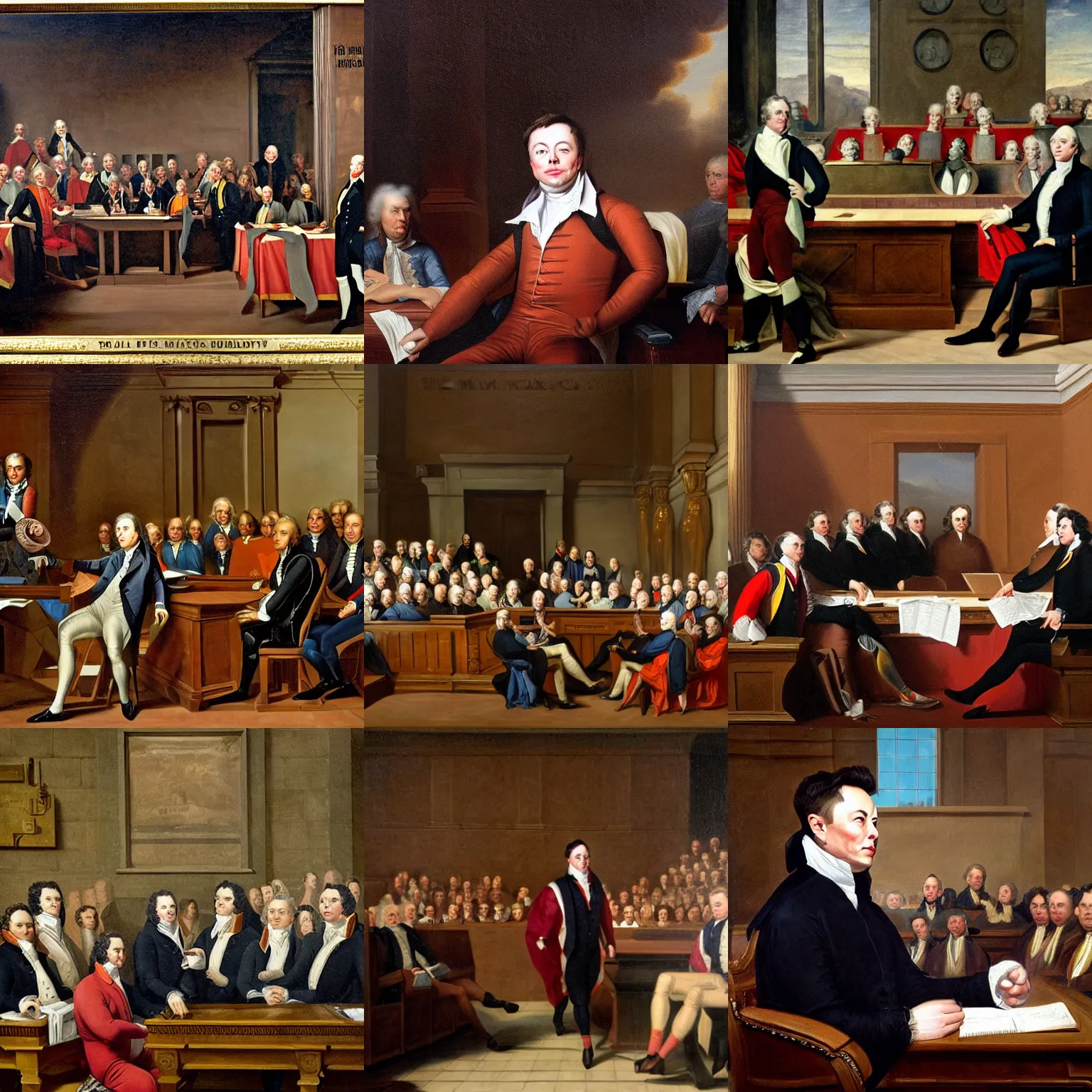 Prompt: oil painting of elon musk on trial in the court of chancery by benjamin ferrers, 1 7 9 5, highly detailed