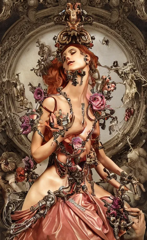 Image similar to a young beautiful Italian metal android with a large glowing pink crystal in the center of her chest, full-body bronze cyberpunk style statue of Andromeda with glowing red eyes, crown of mechanical peach roses, flowing peach silk, fabric, steampunk flowers. baroque elements, human skull. full-length view. baroque element. intricate artwork by caravaggio. many flying horses on background. Trending on artstation, octane render, cinematic lighting from the right, hyper realism, octane render, 8k, depth of field, 3D