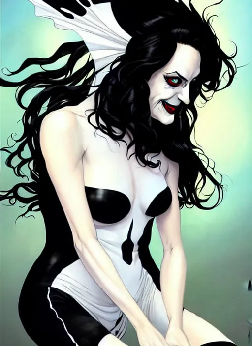 Prompt: Rafeal Albuquerque comic art, Joshua Middleton comic art, pretty female completely white skin, black paint swirl under left eye, Phoebe Tonkin as Death Neil Gaiman Sandman DC comics, fun smile, full body goth outfit, long wavy black hair:: sunny weather::