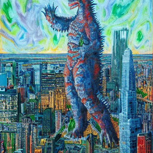 Image similar to Hyperrealistic intensely colored studio Photograph portrait of a Godzilla terrorizing Omaha skyline long exposure, award-winning nature expressionistic impasto oil painting by Fabian Marcaccio and Jean Dubuffet and Audubon vivid colors hyperrealism 8k