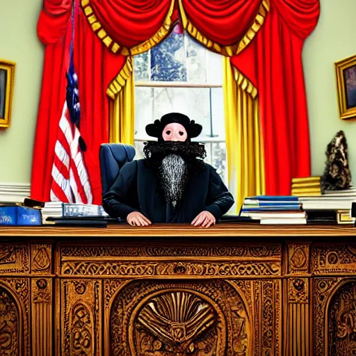 Image similar to professional portrait of Vermin Supreme sitting in the oval office desk, 8k, very intricate, very detailed, cinematic,