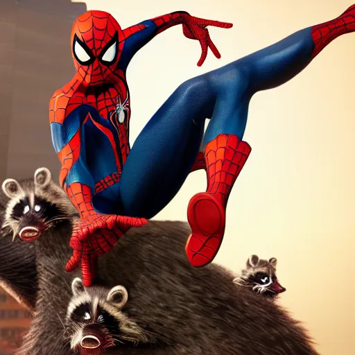 Image similar to spider - man sit on top of big raccoon and eating donuts, action scene, concept art, trending on artstation, highly detailed, intricate, sharp focus, digital art, 8 k