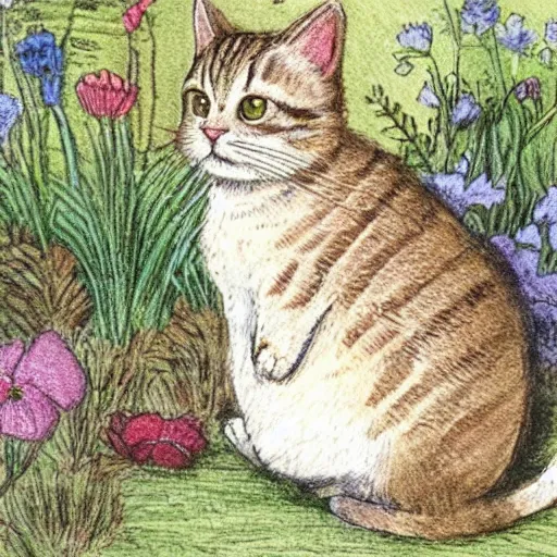 Image similar to a cute tabby cat sitting in a garden, beautiful illustration by beatrix potter