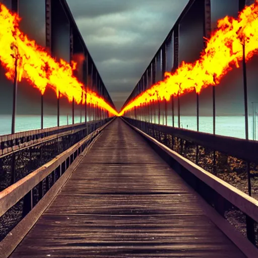 Image similar to Long bridge to hell, dslr, hyper realistic, photojournalism, scary, firey, disturbing