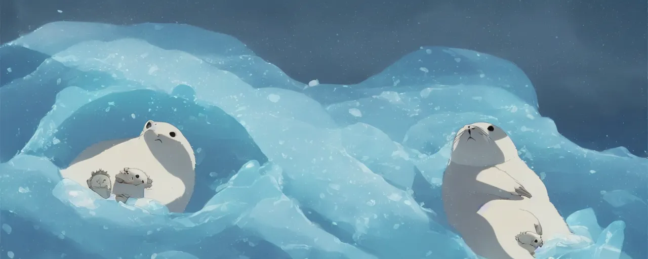 Image similar to a baby harp seal and mother on an ice flow, atey ghailan, goro fujita, studio ghibli, rim light, exquisite lighting, clear focus, very coherent,