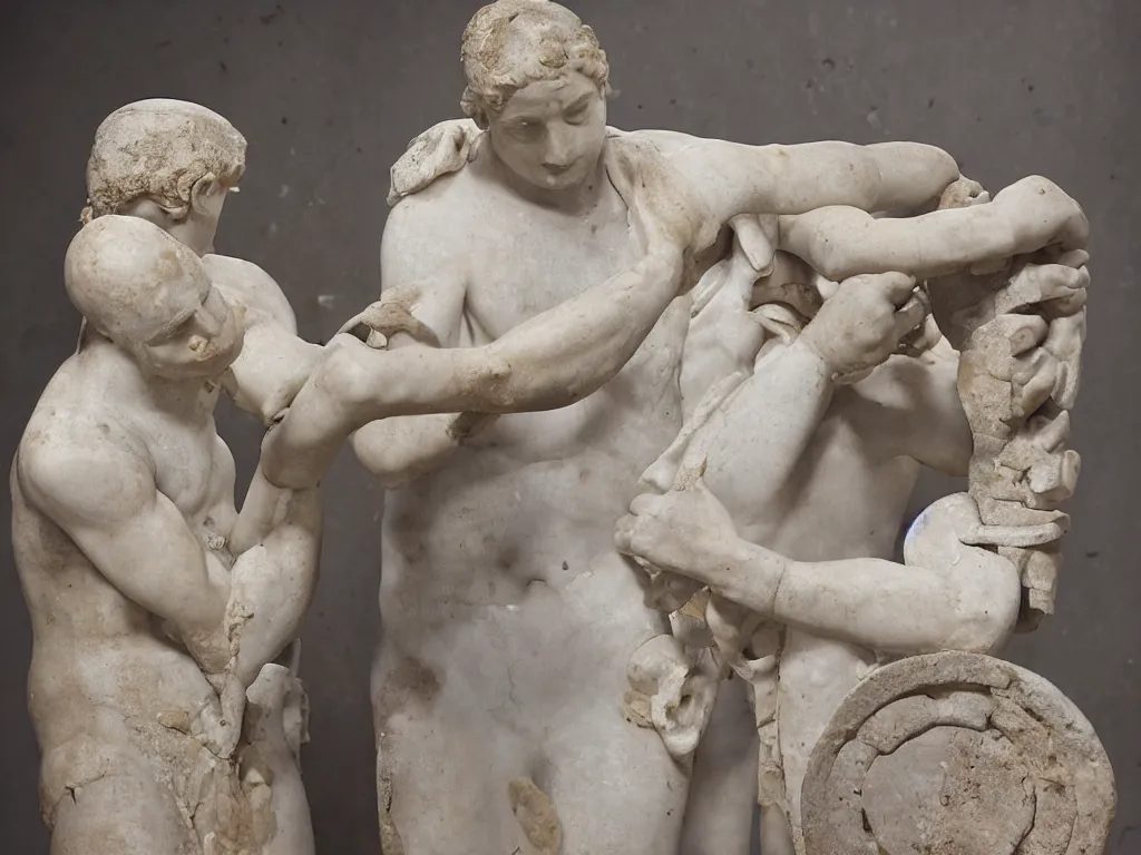 Prompt: an it - guy trying to fix hardware of a pc tower is being tangled by the pc cables like laokoon. marble, copy after hellenistic original from ca. 2 0 0 bc. found in the baths of trajan, 1 5 0 6