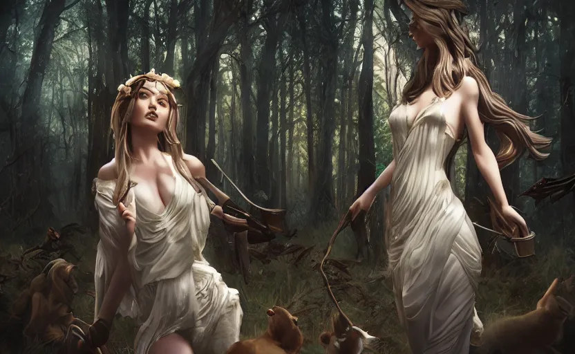 Prompt: Greek Goddess Artemis in moonlit forest with animals, medium shot portrait by loish and WLOP, octane render, dynamic lighting, asymmetrical portrait, dark fantasy, trending on ArtStation