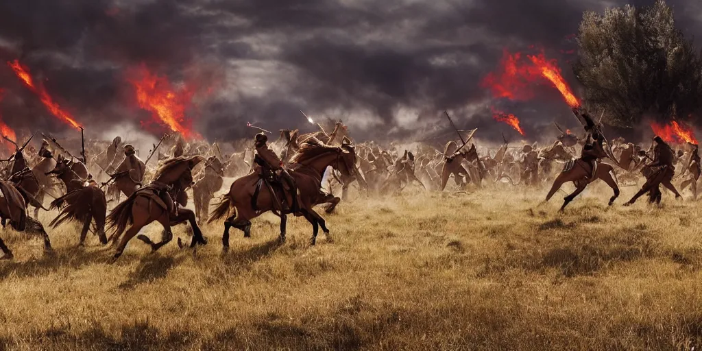 Image similar to promotional movie still rendered in octane, of an action shot from the battle of little bighorn, custer's last stand, majestic action, focusing on the offset center of the scene, intense dramatic hdr, natural light, cinematic lighting, extremely high detail, photorealistic, imax 7 0 mm, iso 4 0 0, 8 k, 4 k, hq