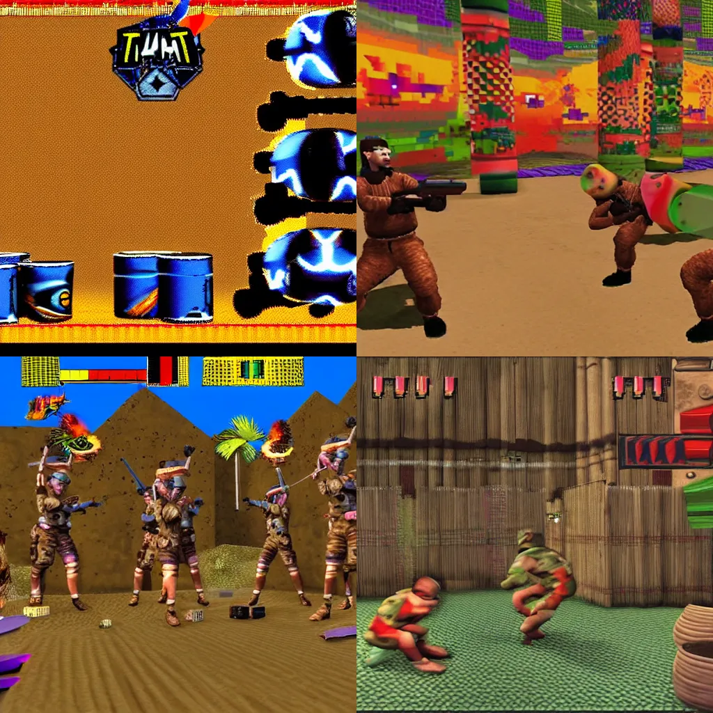 Prompt: a typical first person shooter video game on PS1, tactical bongo drums are equipped