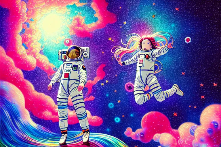 Prompt: hikari shimoda, takashi murakami, james jean, makoto shinkai, akihiko yoshida, textured, stippled lighting, ( ( ( portrait of a young female astronaut going insane floating in a nebula ) ) ), long flowing hair, lomography, colorful, dynamic perspective, dynamic pose, dramatic lighting, hdr