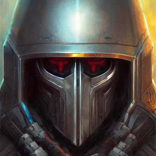 Image similar to the void slayer as a realistic cyberpunk knight, closeup portrait art by donato giancola and greg rutkowski, realistic face, digital art, trending on artstation, symmetry!!, skull helmet